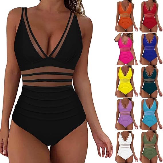 One Piece Swimsuit Women Sexy Bikini Sets Push Up V-Neck Perspective Mesh Patchwork Solid Tummy Control Bathing Suits
