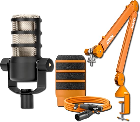 Rode PodMic Dynamic Broadcast Microphone with PSA1+ Microphone Boom Arm, WS14 Pop Filter, and Premium XLR Cable (Orange)
