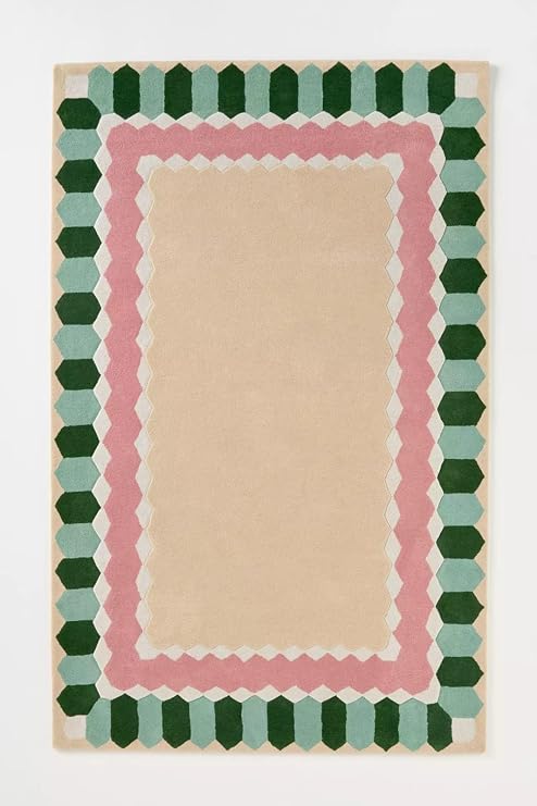 Hand Tufted Modern Geometric Wool Area Rug Colorful Designer Border Pattern Rug for Living Room Bedroom Office, Contemporary Handmade Wool Rug (Green, 4X6 FEET)