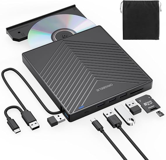 External DVD Drive, Ultra Slim USB 3.0 CD Burner with 4 USB Ports and 2 TF/SD Card Slots, Optical Drive for Mac Laptop, Windows 11/10/8/7 Linux Operating System