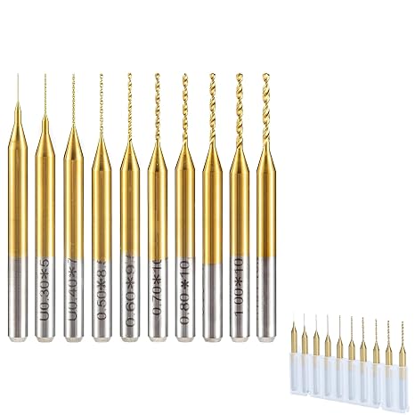 HUHAO 10pcs Micro Drill Bits Set, 0.2mm-1.1mm, 1/8" Shank Spiral Flute CNC Router Bits PCB Mini Drill Bits for Circuit Board Stone Jewelry CNC Engraving