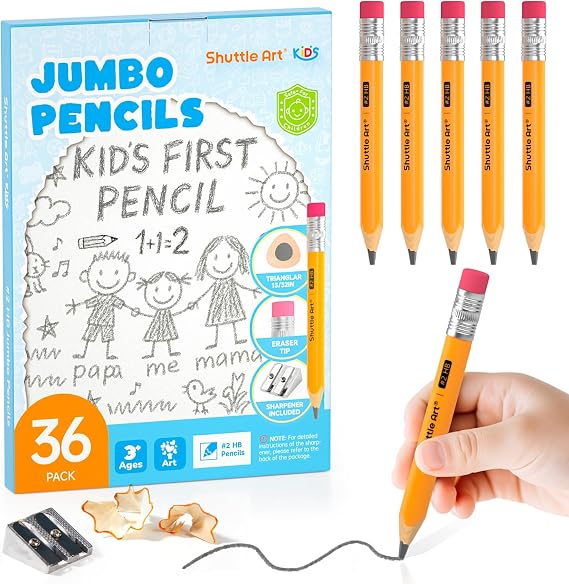 Shuttle Art Jumbo Pencils - 36 Pack Triangle Pre sharpened Pencils #2 HB with Top Erasers & Sharpener, for Kids Ages 4-6, Kindergarten School Supplies, Ideal for Home, Classroom