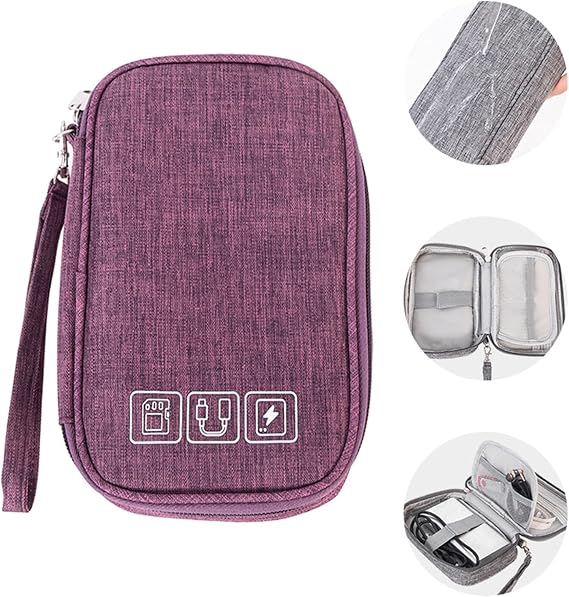 Cable Organiser Bag Travel Electronics Organiser Charging Cable Organiser Waterproof Nylon Case with Carry Handle and Zip (Mini Purple)