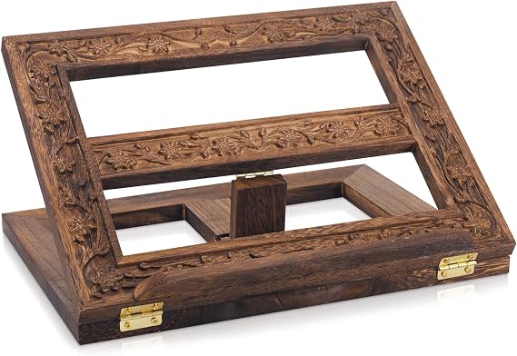 DERTE Adjustable Wooden Bible Stand Carved Missal Book Holder for Table | Stand Holder Folding Display 10 x 13 Inch Books Reading Religious Prayer