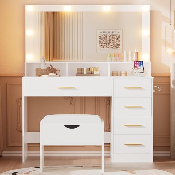 ERLEJIA Vanity Desk with Mirror and Lights, 35.43" Large Mirror Makeup Table with Stool, 5 Drawers Dressing Table for Girls and Ladies Bedroom, White and Gold