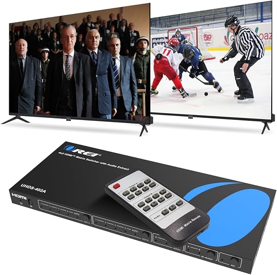 OREI 4K HDMI Matrix Switch 4 X 2 Switcher 18G UltraHD Arc Support Max 4K @ 60Hz & 1080P IR Audio Extractor Arc EDID HDCP 2 Remote Control - Full Matrix Select