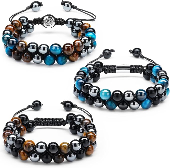 Nosiny 3 Pcs Triple Protections Bracelet 8mm Genuine Tigers Eye Black Obsidian Hematite Bracelets Adjustable Natural Stone Bracelet for Men Women Christmas Birthday