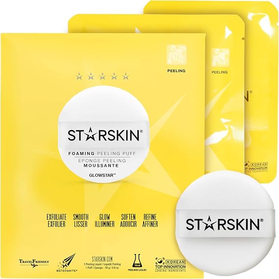 STARSKIN Glowstar, Facial Radiance Pads with Lactic and Glycolic Acid, AHA Exfoliant infused with Vitamin C Serum, Face Peeling Puff, Optimal for Soft Scrub, K Beauty Skincare