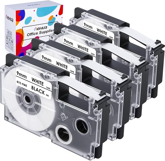 Hehua 4 Pack Compatible for Casio KL Printer 9mm Label XR9WE Black on White