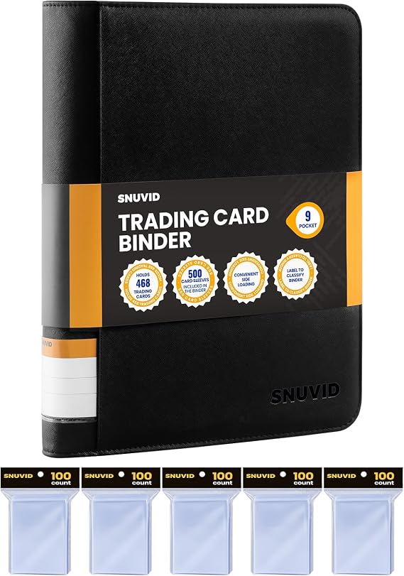 9 Pocket Trading Card Binder with 500 Card Sleeves, 26 Side-Loading Pages Hold 468 Trading Cards, Black PU Cover Zip Card Collection Binder with Side Label, MTG, TCG, Game Cards, Sport Cards Organizer