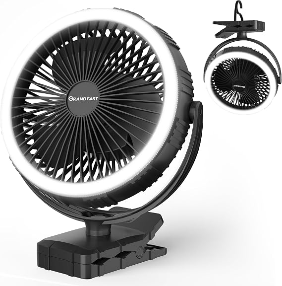 10000mAh Portable Fan with Clip, Rechargeable Clip On Fan with Light & Hook, 3 Strong Airflow & Timer, Battery Powered, Clamp On Desk Fan for Travel Outside Camping Sleep Bedroom Office RV Hurricane