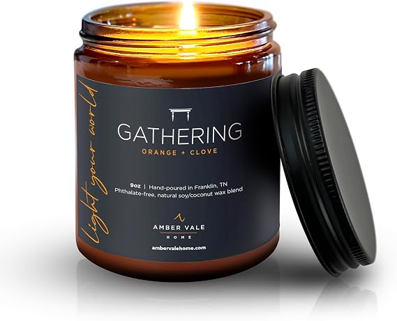 Amber Vale Home Gathering, Orange Clove and Cinnamon Scented Natural Soy and Coconut Wax Candle, Phthalate Free, Non-Toxic and Healthy Clean Burning, 9oz Jar