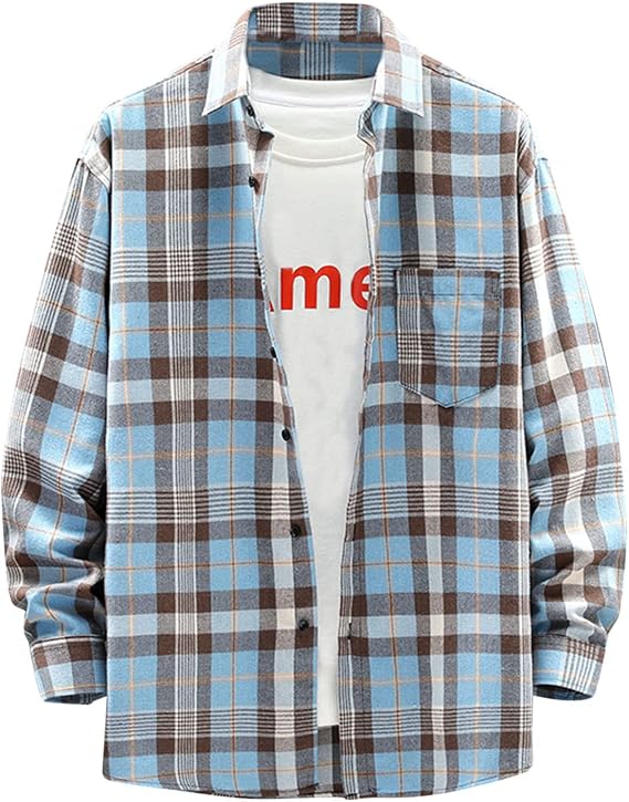 Generic Flannel Shirt for Men 2024 Fashion Long Sleeve Plaid Button Down Shirt Jacket Casual Lightweight Sweatshirts Coats