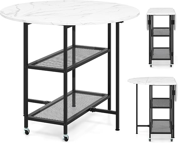 GOFLAME Folding Dining Table, Mobile Round Extendable Kitchen Table with 2-Tier Storage Shelves, 2 Lockable Wheels, Space Saving Collapsible Drop Leaf Dinner Table for Dining Room, Small Space, White
