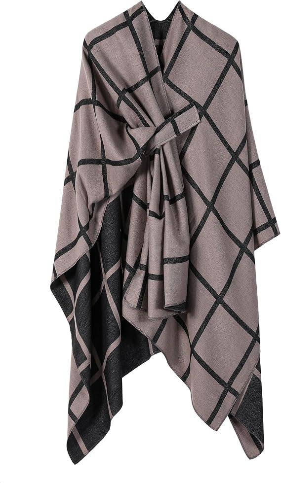 Women's Plaid Wrap Shawl Poncho Open Front Sweater Cape Soft Knit Winter Cover Up
