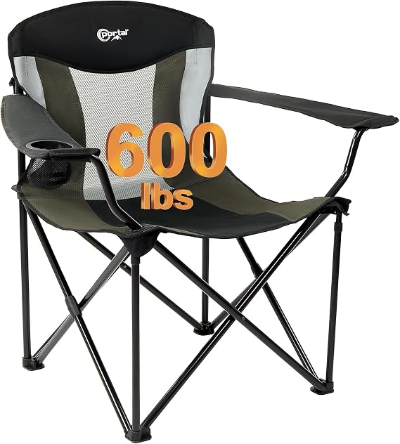 Portal Oversized Camping Chair Big and Tall Folding Camp Chair Portable Lawn Chairs Heavy Duty Foldable XXL Outdoor Camping Chair for Adults, Support Up to 600 lbs, Black/Grey