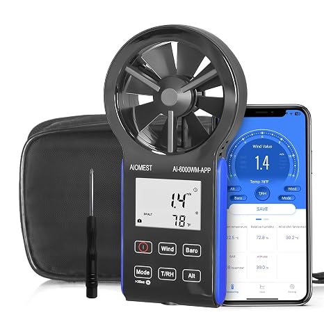 AIOMEST Anemometer Bluetooth, Handheld Wind Speed Gauge Meter w/Atmospheric Pressure, Temp, RH, Dew Point Temp, Wind Chill Measurement for Climbing Drone HVAC, AI-6000WM-APP