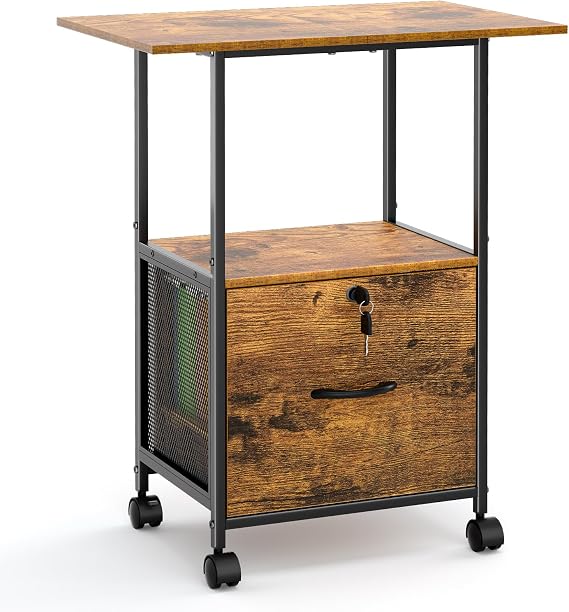 ThreeHio Small Filing Cabinet with Lock, Printer Stand with File Storage, Rolling Locking File Cabinet with Drawer Vertical File Cart with Wheels, Lockable Filing Cabinet for Home Office