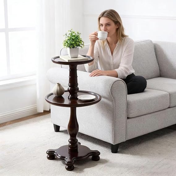 Solid Wood Double-Tier Round Side Table,Mid-Century End Table (Walnut)