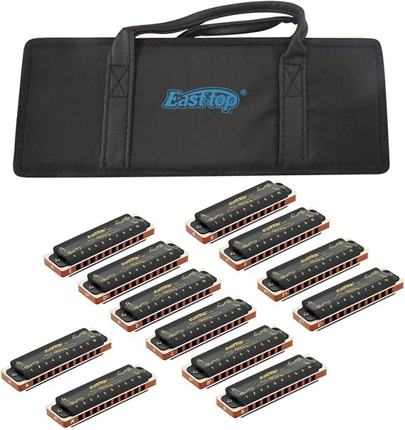 East top Diatonic Blues Harmonica Set of 12, 10 Holes Diatonic Mouth Organ Set, 12 Keys 008K Harmonicas set for Beginners and Professionals with Black Case, as Gift(12)
