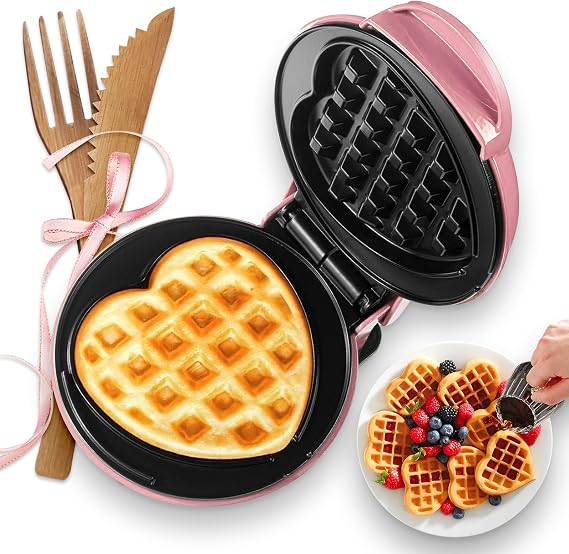 Mini Waffle Maker(Heart),Small Waffle Maker Keto,Mini Wafflera Iron for Kids Family and Individuals,4'' Non Stick Cooking Plates with Fast & Even Heating