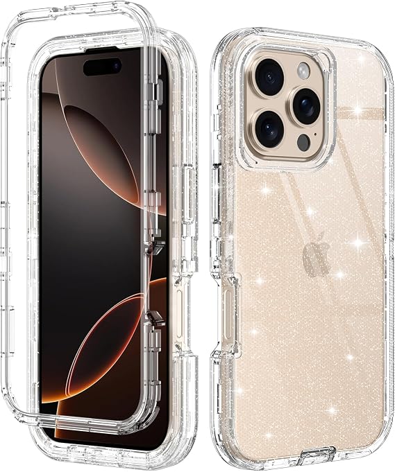 I-HONVA for iPhone 16 Pro Max Case Clear [Non Yellowing] Shockproof Dust/Drop Proof 3-Layer Protection [Without Screen Protector] Rugged Heavy Duty Cover for iPhone 16 Pro Max 6.9",Clear Glitter