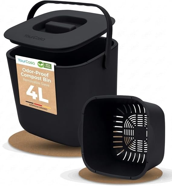 YourCasa Kitchen food waste bin caddy - countertop small compost bin kitchen counter with lid trash can - 4L - Dishwasher Safe - Odour Proof - Inner Sieve - indoor food recycling composter (Black)