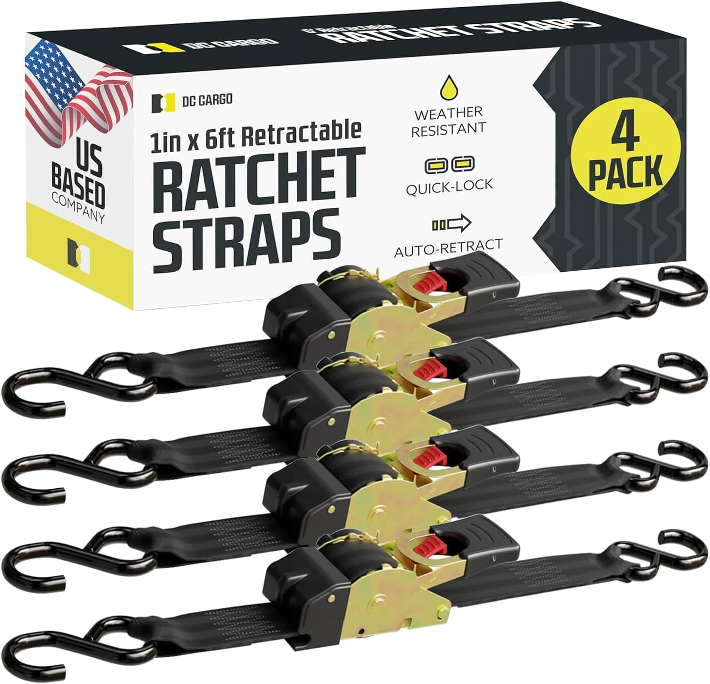 DC Cargo - Auto Retracting Ratchet Straps 4 Pack 1 inch x 6' - Heavy Duty Tie Down Retractable Ratchet Straps - Easy Self Contained Black Ratchet Strap Tie Downs for Trailers, Vehicles, Boat