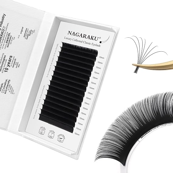 NAGARAKU Luxury Collected Individual Classic Lash Extensions 0.05 C 10mm | 3rd Gen Upgraded Single Lash Classic Volume Soft Natural PBT, Matte Black 16 Rows, Professional Beauty Salon Supply