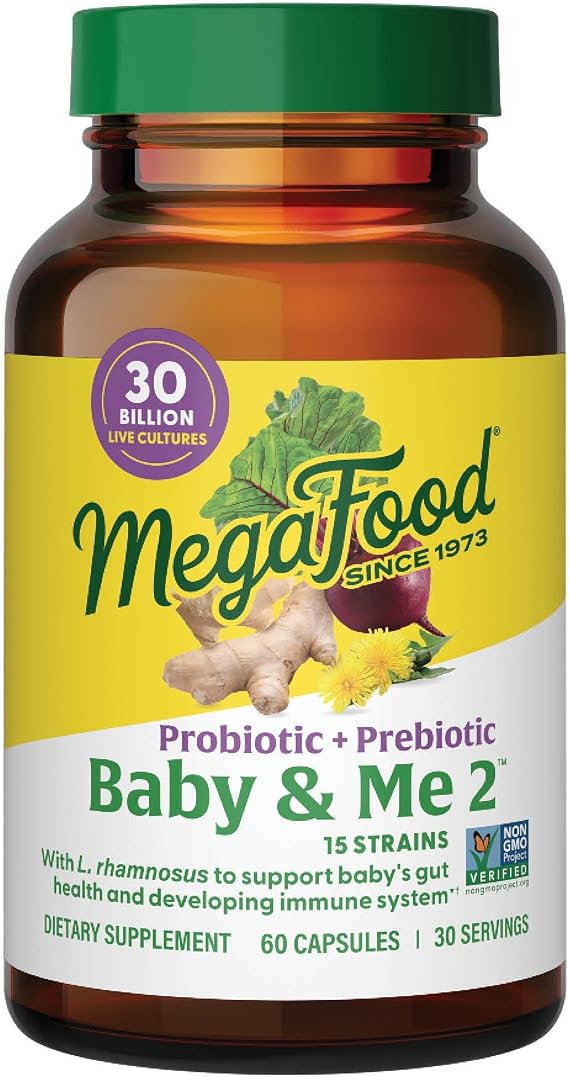 MegaFood Baby & Me 2 Prenatal Prebiotic Probiotic, 60 Capsules | 30 Billion Live Cultures, Probiotics for Women & Baby, Supports Baby's Gut Health & Developing Immune System, 30 Servings