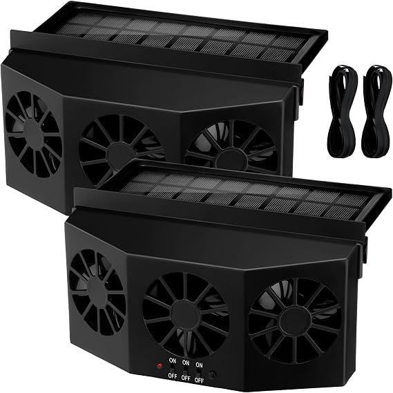 Tujoe 2 Pack Solar Car Window Fan, Solar 3 Fans, Black | Rapid Ventilation, 4501 RPM Air Vent Radiator, Cooling Vent Exhaust, Reduces Heat in Parked Vehiclesfor General Types