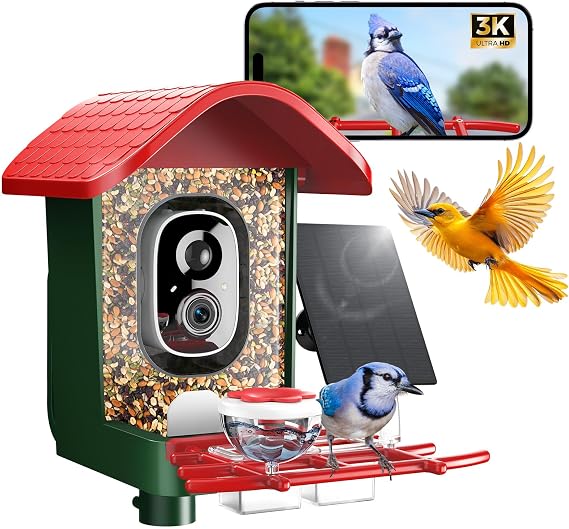 3K HD Smart Bird Feeder with Camera, 2.4GHz WiFi Solar Powered Smart Feeder, AI Bird Species Identification & Real-Time App Alerts, Chew-Proof & Waterproof for Outdoors