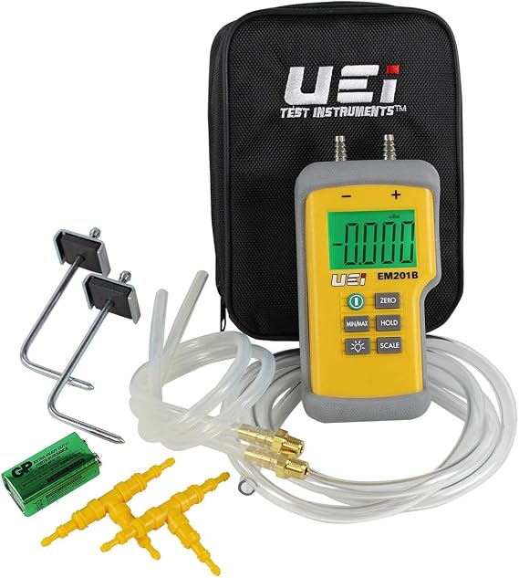 UEi EM201SPKIT Static Pressure Test Kit with EM201B Digital Differential Manometer, HVAC Pressure Measurement Kit, Includes Pressure Testing Accessories