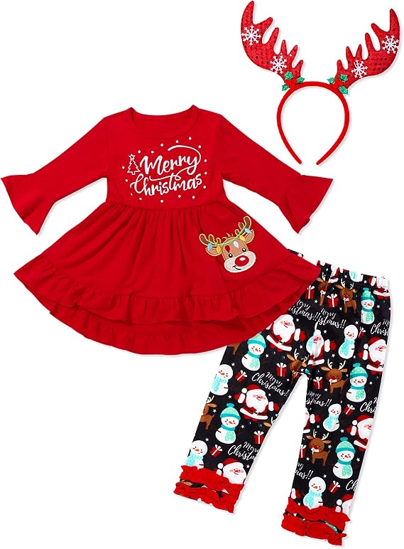 Toddler Girl Christmas Outfit Deer Long Sleeve Trousers 3-Piece Set Christmas Gifts For Girls