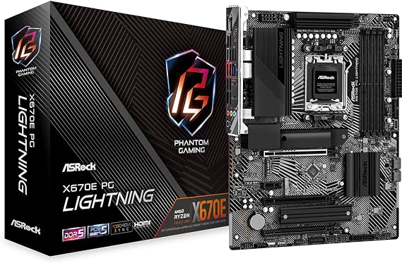 ASRock X670E PG Lightning ATX Motherboard AMD AM5 Ryzen 8000 and 7000, DDR5, 4x M.2 SSD, 4K 120Hz, AMD Expo, USB Type-C