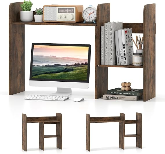 Tangkula Extendable Desktop Bookshelf, Dorm Desk Hutch, Rustic Brown