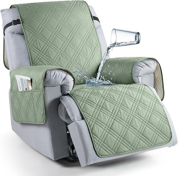 TAOCOCO Waterproof Recliner Chair Covers 30 Inch Wide, Oversized Recliner Covers for Recliner Chair with Pocket, Recliner Slipcovers with Straps Furniture Protector for Kids Pets (30'', Sage Green)