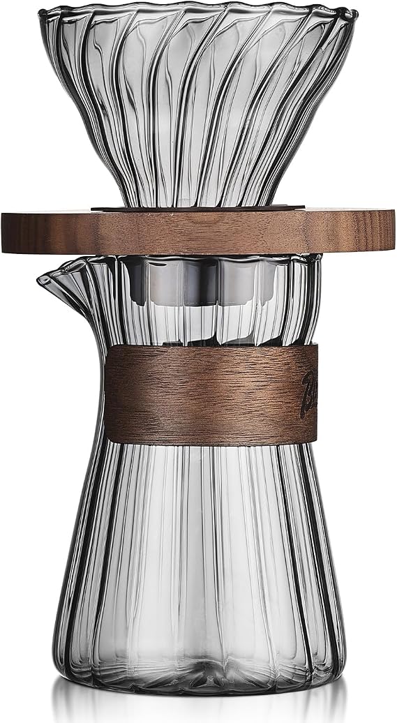 Bincoo Pour Over Coffee Maker Set - 500ML Glass Coffee Server Coffee Carafe with Walnut Dripper and 50PCS Paper Filter, Drip Coffee Maker Set for Home Cafe Restaurant