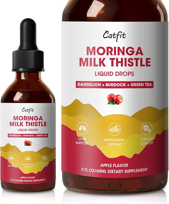Milk Thistle Liver Detox Drops Apple Flavor Liver Cleanse Detox & Repair with Moringa, Dandelion, Burdock & Green Tea Herbal Liquid Supplement for Liver Support & Liver Health, Vegan, 2 Fl Oz