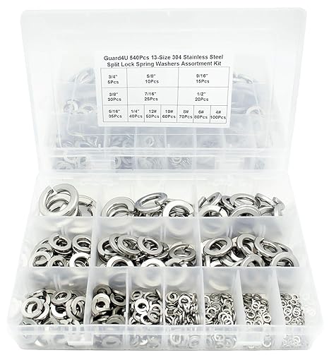 540Pcs 13-Size 304 Stainless Steel Spring Lock Washers Assortment Kit- 3/4 5/8 9/16 1/2 7/16 3/8 5/16 1/4 12# 10# 8# 6# 4#