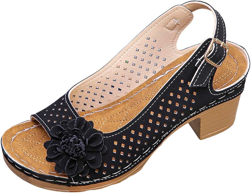 Chunky High Block Heels Sandals for Women Summer Flower Ankle Strap Hollow Out Platform Wedge Open Toe Sandals