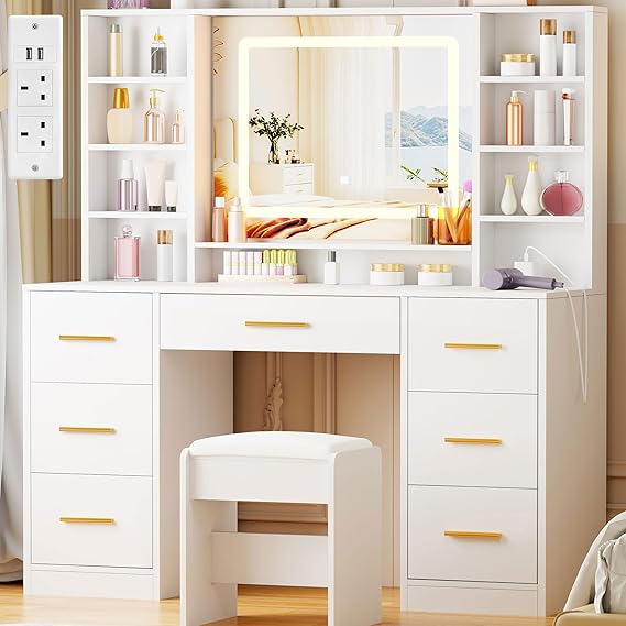 ANWBROAD Dressing Table with Stool Vanity Desk with Power Outlet, White