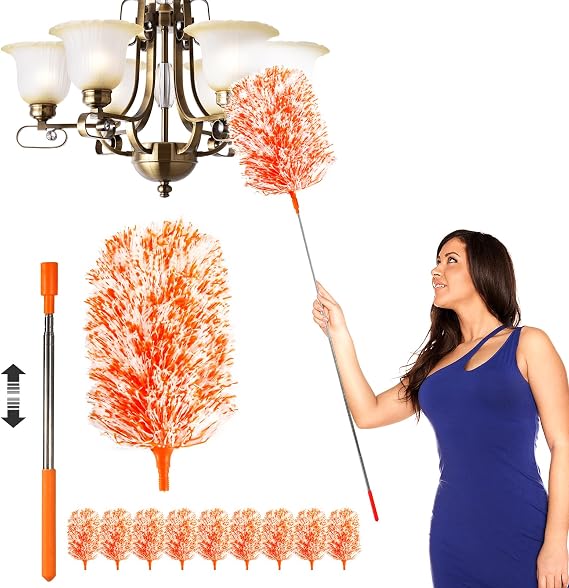 Extendable Microfiber Duster, 20-49 in, 10 Replaceable Heads, Orange