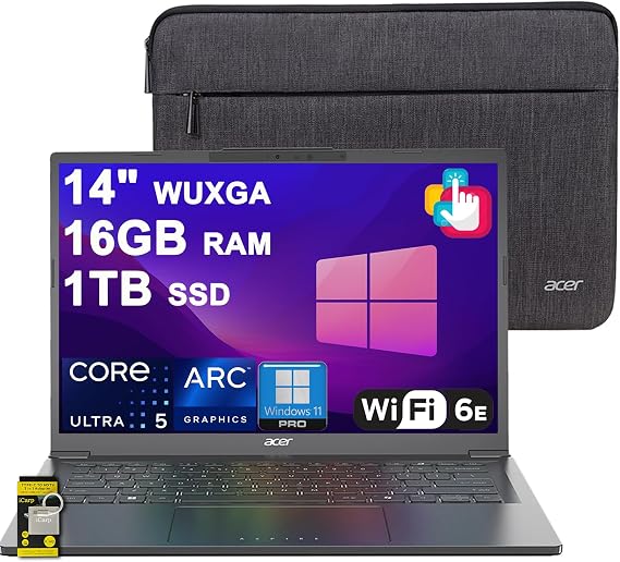 Acer Aspire 14 AI Portable Laptop 14" WUXGA Matte Touch Intel 8-core Ultra 5 226V (Up to 40 NPU Tops - Up to 53 GPU Tops) 16GB RAM 1TB SSD for Creator Business Work Win11Pro ICP Acc
