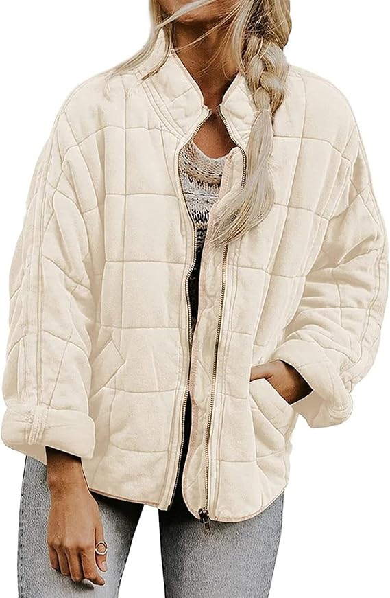 Quilted Jackets for Women Lightweight Puffer Jacket Oversized Casual Zip Up Coats Warm Winter Bomber Outerwear Pockets
