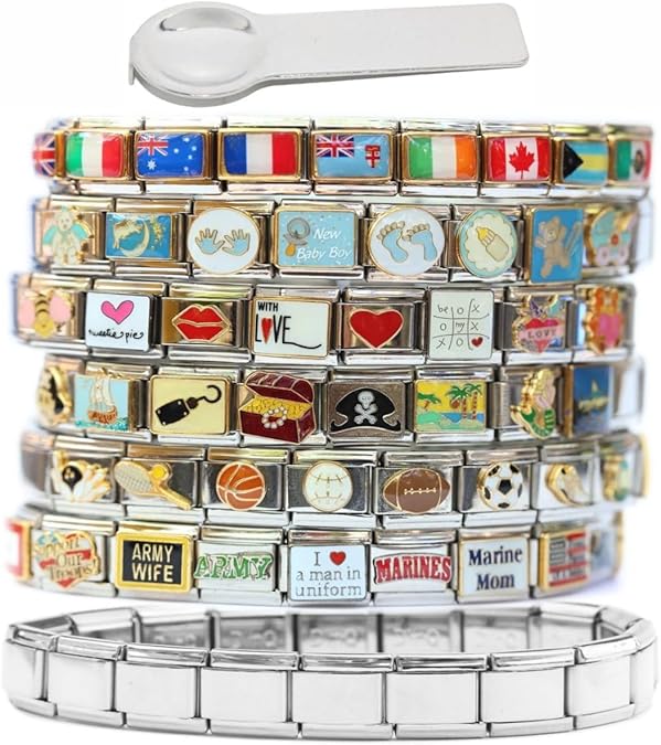 NewCharms 66 Assorted Italian Charms plus Shiny Starter Bracelet and Charm Tool Too - Create Custom 9mm Charm Bracelets
