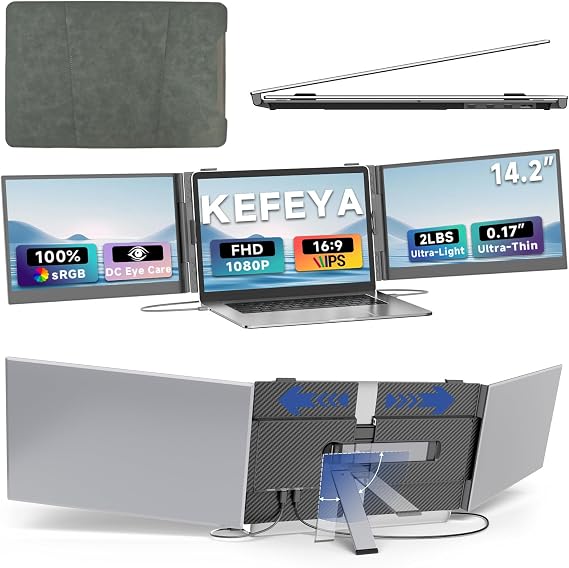 KEFEYA Laptop Screen Extender 14.2", 2.2 LB Lightest 0.16" Ultra-Thin, 1080P FHD Portable Monitor for Laptop 13-17.3", Eyes Care HDR Monitor, USB-C HDMI Plug-Play for Mac Windows PS Switch Work Travel