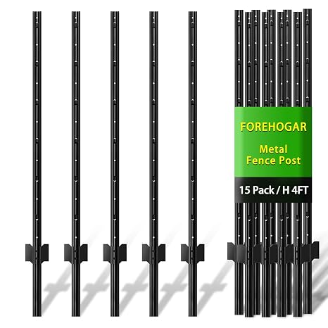 4 ft Black Metal Fence Post, T Posts Fencing for Wire Mesh Fence, 15-Pack