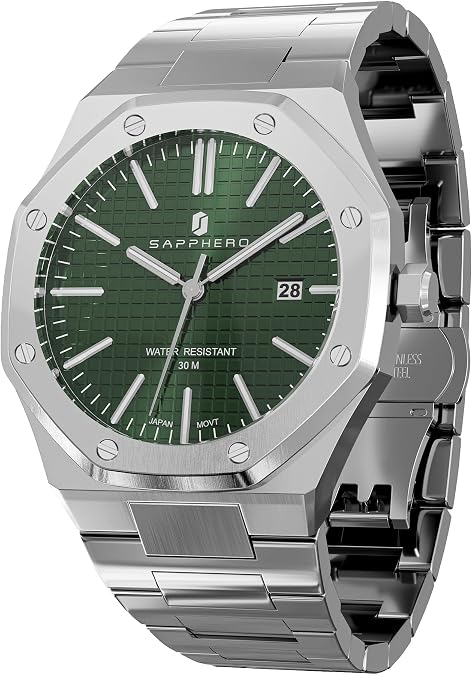 SAPPHERO Watches Men Octagonal Stainless Steel Waterproof Analog Japanese Quartz Wrist Watch Date Classic Business Luxury Watches for Men Elegant Gifts