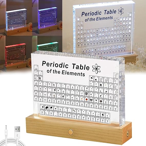 Periodic Table Real Elements, with LED Light Holder, Periodic Table Gifts, Periodic Table with Real Elements Samples, for Student, Teacher, Gift, Craft, Decoration